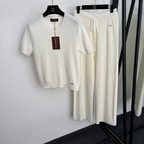 Loro Piana Pants - Loro Piana Waffle Knit Short Sleeve Top & Drawstring Wide Leg Pants Set